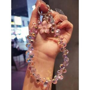Iridescent Crystal Beaded Bag Phone Charm Lanyard Key Chain Wrist Strap Pink